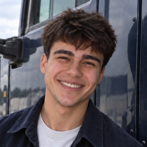Oscar, CDL-A driver recruiter, smiling in front of a semi truck